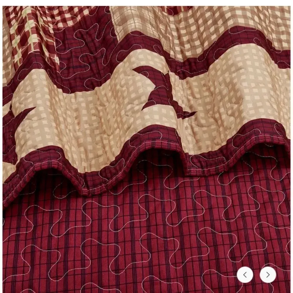 Farmhouse Burgundy Star Printed Quilted Throw Blanket Primitive Cottage Plaid